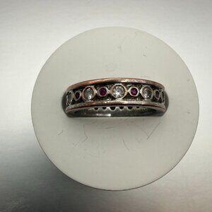 VTG 925 Sterling Silver Dainty Band Red & Clear CZ Circle Pattern Women’s Ring